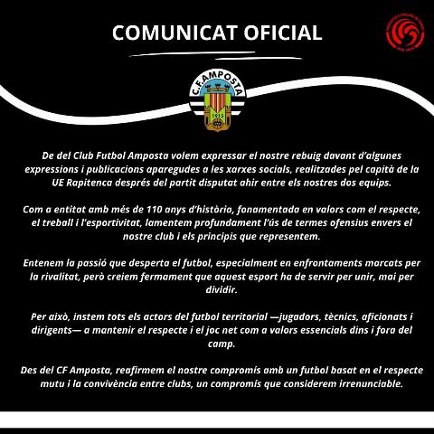 COMUNICAT OFICIAL CF AMPOSTA: Rebuig paraules capit de la Rapitenca